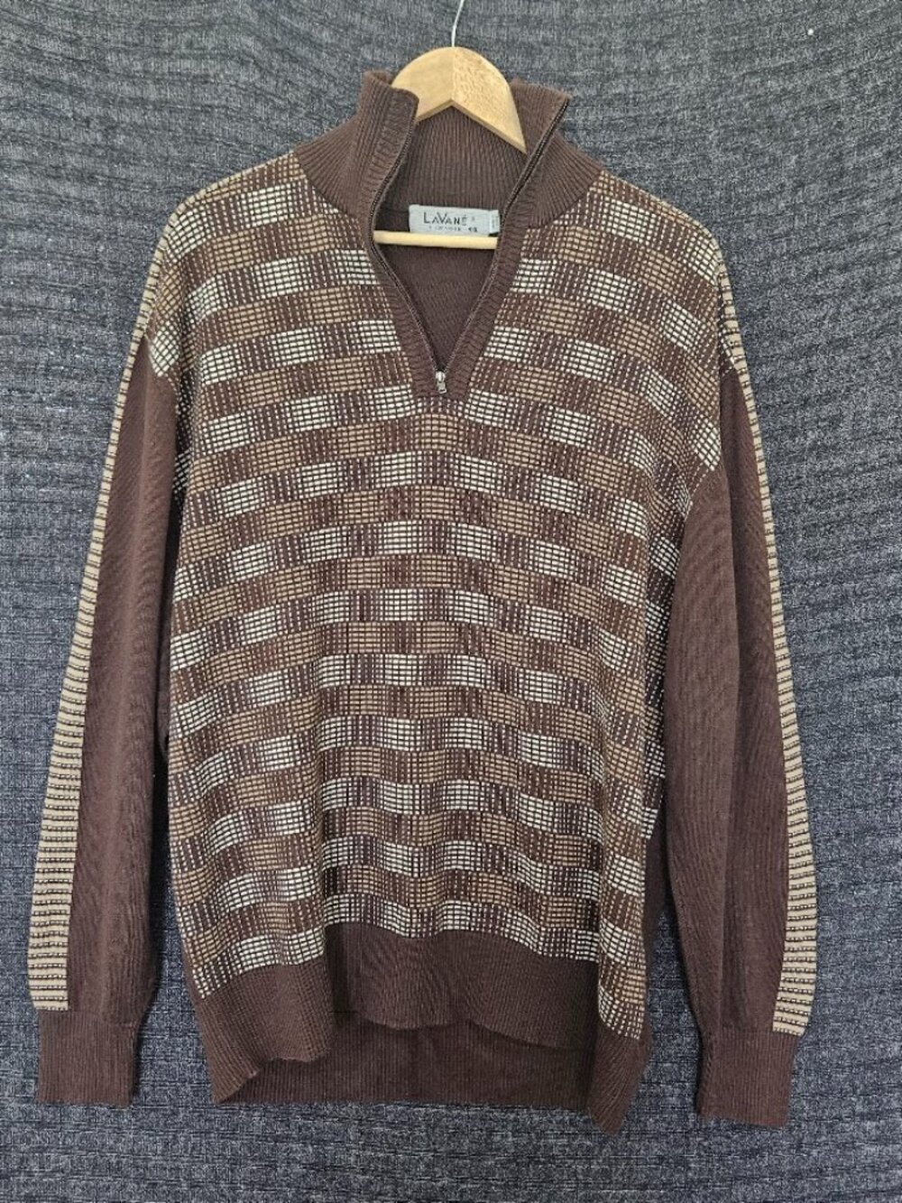LaVane New York VTG Sweater XXL Mens Brown Geometric Knit Quarter Zip Pullover